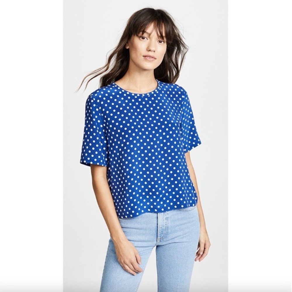Equipment Royal Blue Polka Dot 100% Silk Blouse Short Sleeve Top | Size S